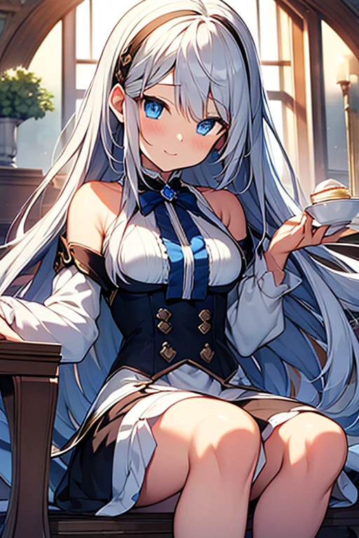 masterpiece, Highest quality, High resolution,Anime Style、Silver Hair、Long Hair、blue eyes、Cafe