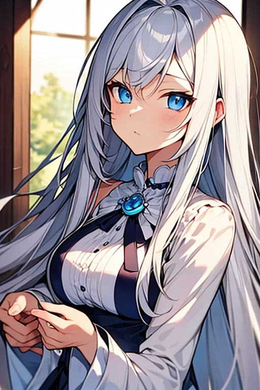 masterpiece, Highest quality, High resolution,Anime Style、Silver Hair、Long Hair、blue eyes、Cafe