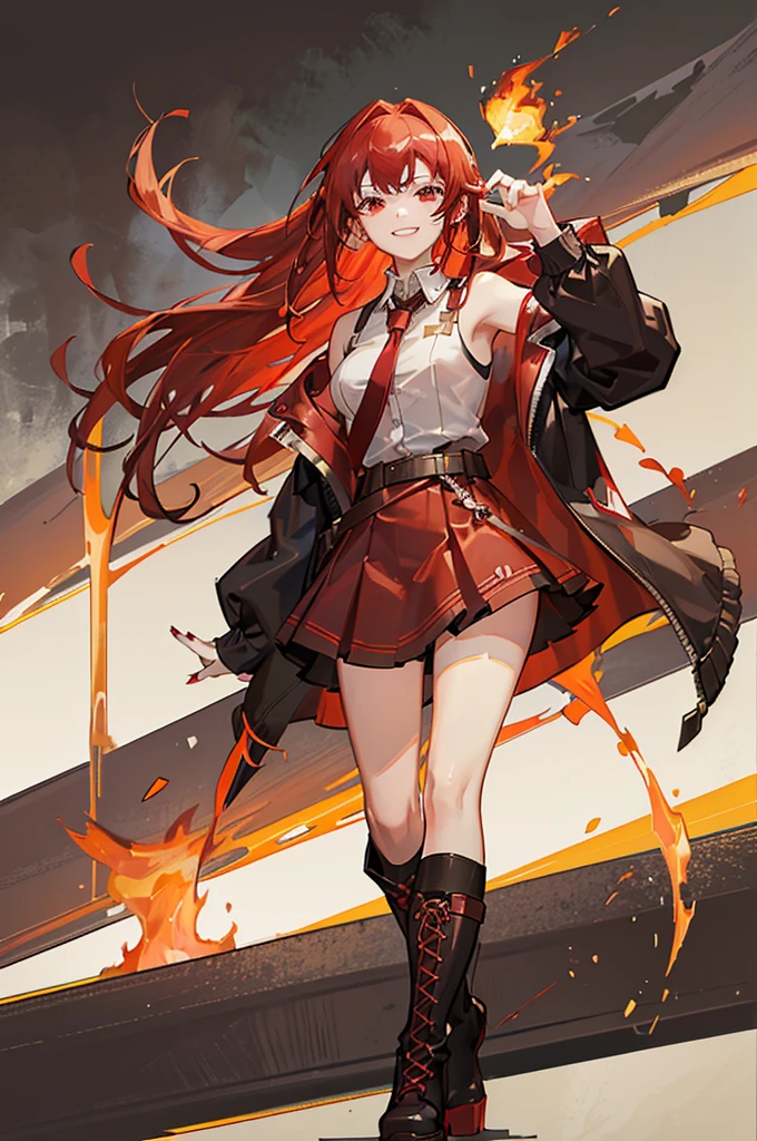 20 years old, long red hair, wears a ponytail, red eyes, always smiling. She dresses in an antique style, wearing a short brown skirt with black shorts underneath, ending above the knees. She wears knee-high brown boots. Her white blouse is sleeveless and features red details. She possesses fire powers and has a fire-themed background."