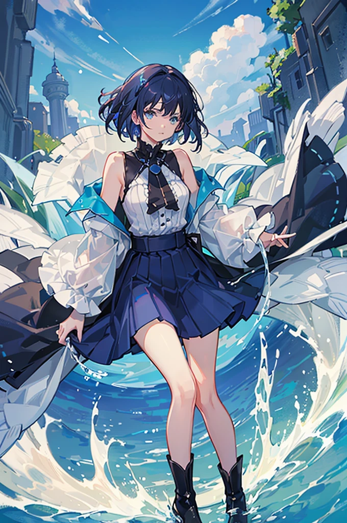 20 years old, with short dark blue hair to the shoulders, a serious yet tender expression, and bright light blue eyes. She dresses in an antique style, wearing a long dark blue skirt that reaches her knees, and small dark brown boots up to her ankles. Her white blouse is long-sleeved, covering her fingers slightly, and falls off one shoulder, leaving it exposed. She possesses water powers and has a water-themed background.