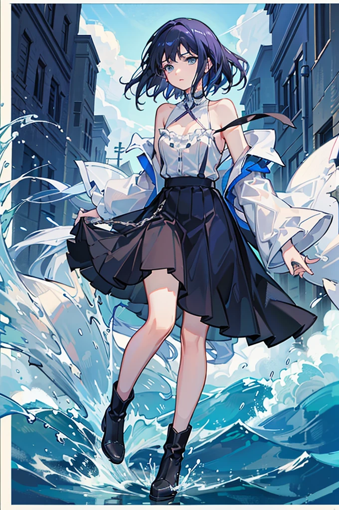 20 years old, with short dark blue hair to the shoulders, a serious yet tender expression, and bright light blue eyes. She dresses in an antique style, wearing a long dark blue skirt that reaches her knees, and small dark brown boots up to her ankles. Her white blouse is long-sleeved, covering her fingers slightly, and falls off one shoulder, leaving it exposed. She possesses water powers and has a water-themed background. 