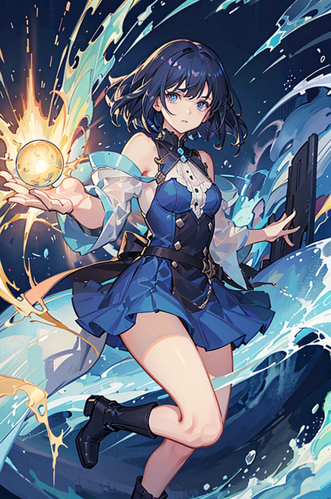 20 years old, with short dark blue hair to the shoulders, a serious yet tender expression, and bright light blue eyes. She dresses in an antique style, wearing a long dark blue skirt that reaches her knees, and small dark brown boots up to her ankles. Her white blouse is long-sleeved, covering her fingers slightly, and falls off one shoulder, leaving it exposed. She possesses water powers and has a water-themed background.