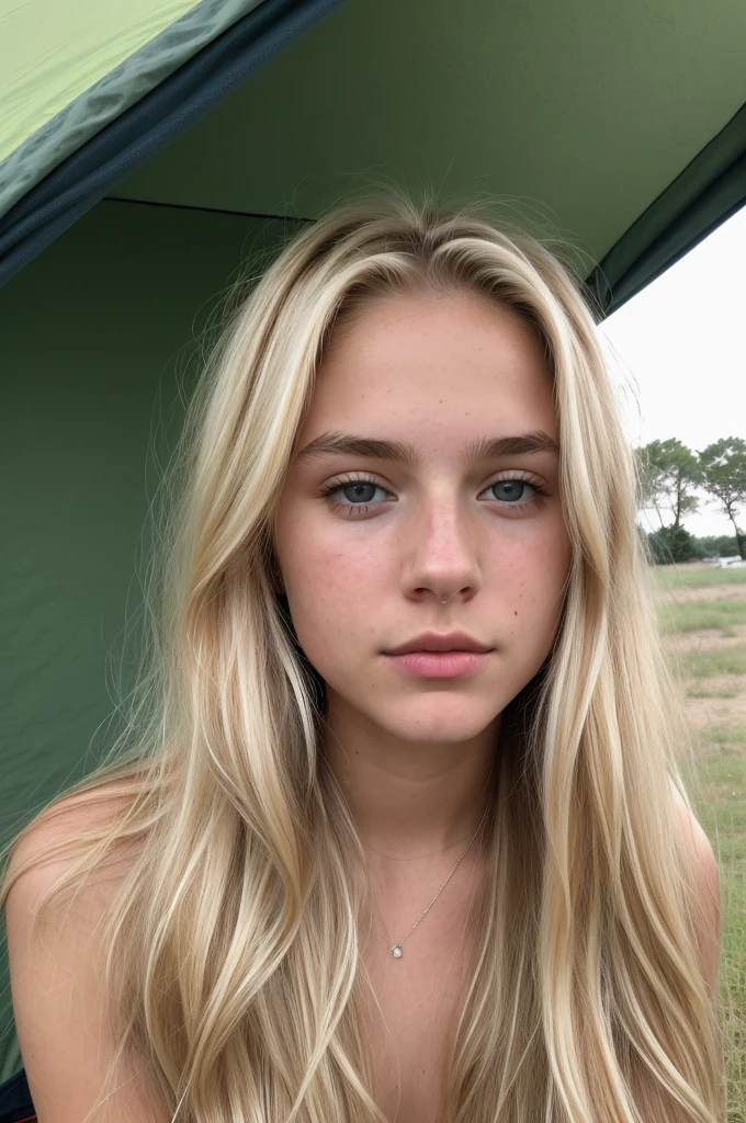 A 18-year-old blonde woman, ((hiperrealismo))textured skin, goosebumps, perfect eyes. Blonde hair with light brown roots. cabello rubio, Hair with brown roots, extra long hair, really long hair. photo taken with iPhone, Porta 160 color. Camping area, in front of a tent 