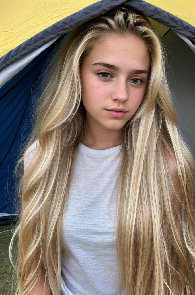 A 18-year-old blonde woman, ((hiperrealismo))textured skin, goosebumps, perfect eyes. Blonde hair with light brown roots. cabello rubio, Hair with brown roots, extra long hair, really long hair. photo taken with iPhone, Porta 160 color. Camping area, in front of a tent