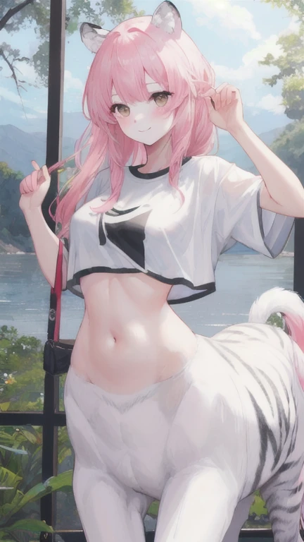 (best quality, masterpiece), 1 girl, centaur, It takes, White skin, Korean ,daughter,black pink,Smiling, exposing the abdomen, belly button t-shirt , 아름다운 소녀 Perfect wild white tiger photo, Perfect wild white tiger photo