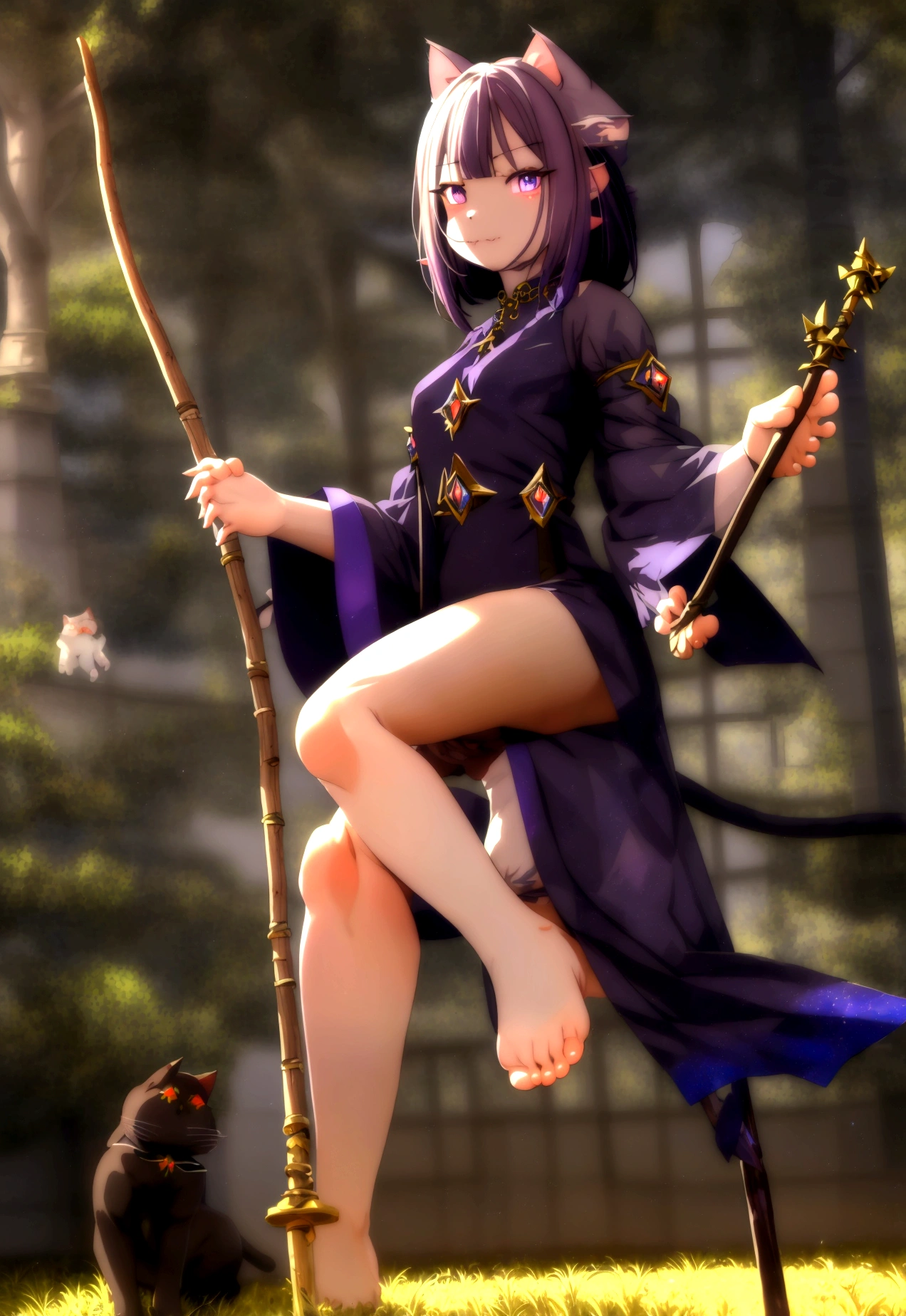 masterpiece,Highest quality,Super detailed,Highly detailed CG,High resolution,Highly detailed skin,Perfect Anatomy,Trick him?Fantastic details,Cowboy Shot,Purple eyes,lipstick,eyeliner,eye shadow,thin,Shiny skin,Medium chest,Bobcut,Silver Hair,Shiny Hair、(of Legends, Mythical Glowing Staff:1.6),(棒の先端はかわいい猫のFoot shapeをしています:1.6),(Look out for the cat-shaped stick:1.6),(Battle at the Demon Castle:1.5),The handle of the cane is smooth and fits comfortably in your hand..、There is a cat at the end of the road'Foot shape.。The paw pads are covered with a soft texture..、Feels warm to the touch。At the tip of the stick、It is decorated like a cat'nails.、The glow gives off a mysterious light。
The whole staff、Carved with ancient writings and magical symbols.、The design is mysterious and beautiful.。The stick is strong.、at the same time, Gives a sense of elegant energy.。Not only does it give its owner strength and protection,,、It exists as a source of wisdom and courage..。