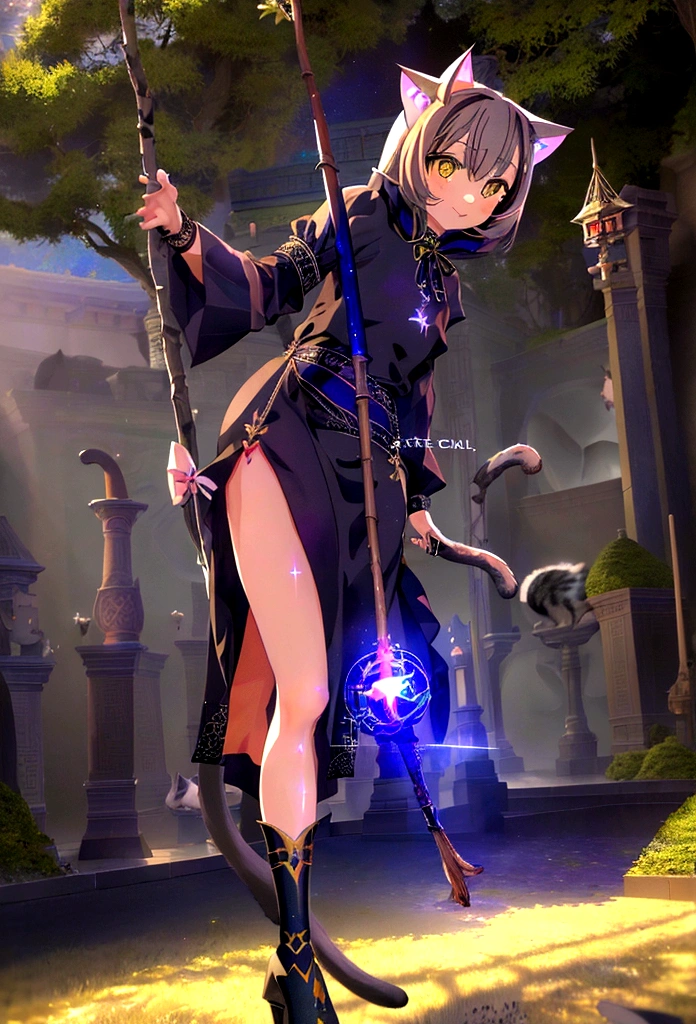 masterpiece,Highest quality,Super detailed,Highly detailed CG,High resolution,Highly detailed skin,Perfect Anatomy,Trick him?Fantastic details,Cowboy Shot,Purple eyes,lipstick,eyeliner,eye shadow,thin,Shiny skin,Medium chest,Bobcut,Silver Hair,Shiny Hair、(of Legends, Mythical Glowing Staff:1.6),(棒の先端はかわいい猫のFoot shapeをしています:1.6),(Look out for the cat-shaped stick:1.6),(Battle at the Demon Castle:1.5),The handle of the cane is smooth and fits comfortably in your hand..、There is a cat at the end of the road&#39;Foot shape.。The paw pads are covered with a soft texture..、Feels warm to the touch。At the tip of the stick、It is decorated like a cat&#39;nails.、The glow gives off a mysterious light。

The whole staff、Carved with ancient writings and magical symbols.、The design is mysterious and beautiful.。The stick is strong.、at the same time, Gives a sense of elegant energy.。Not only does it give its owner strength and protection,,、It exists as a source of wisdom and courage..。