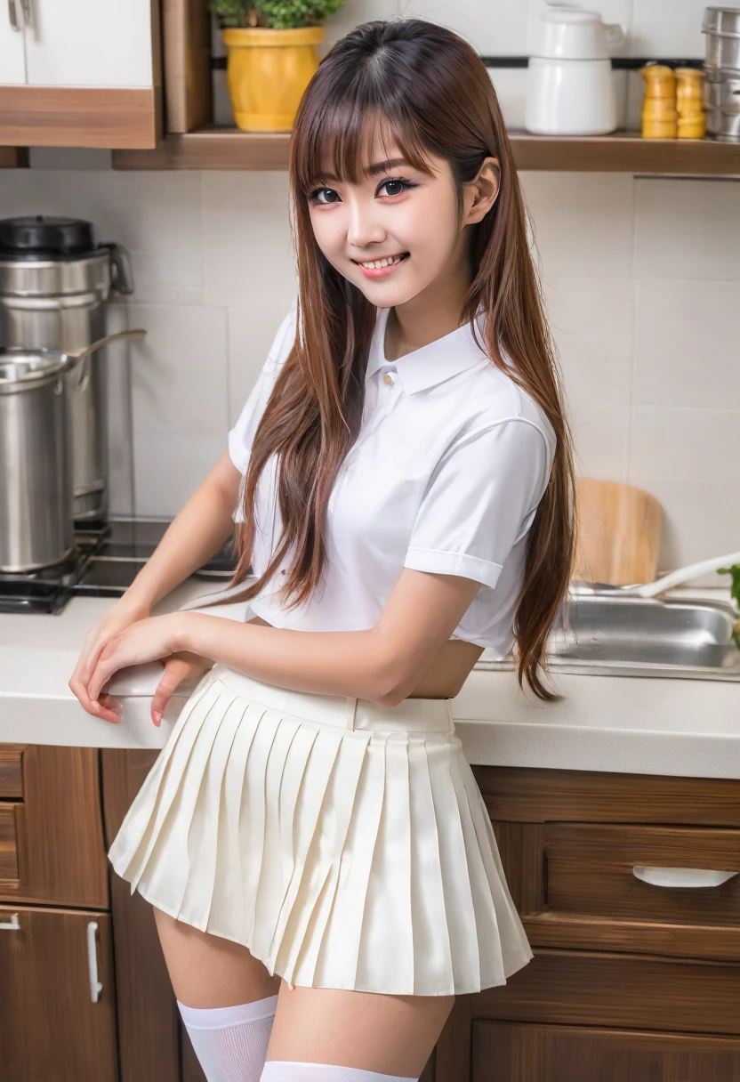 Japanese adolescent female, long hair, brightly smiling, wearing white crop top shirt, wearing short pleated miniskirt, wearing white stockings, posing in kitchen