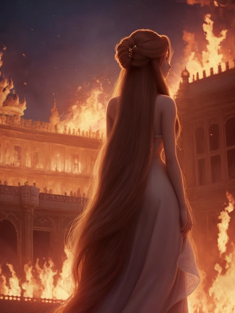 Princess with long hair in front of a burning palace From the back, high quality, 8k