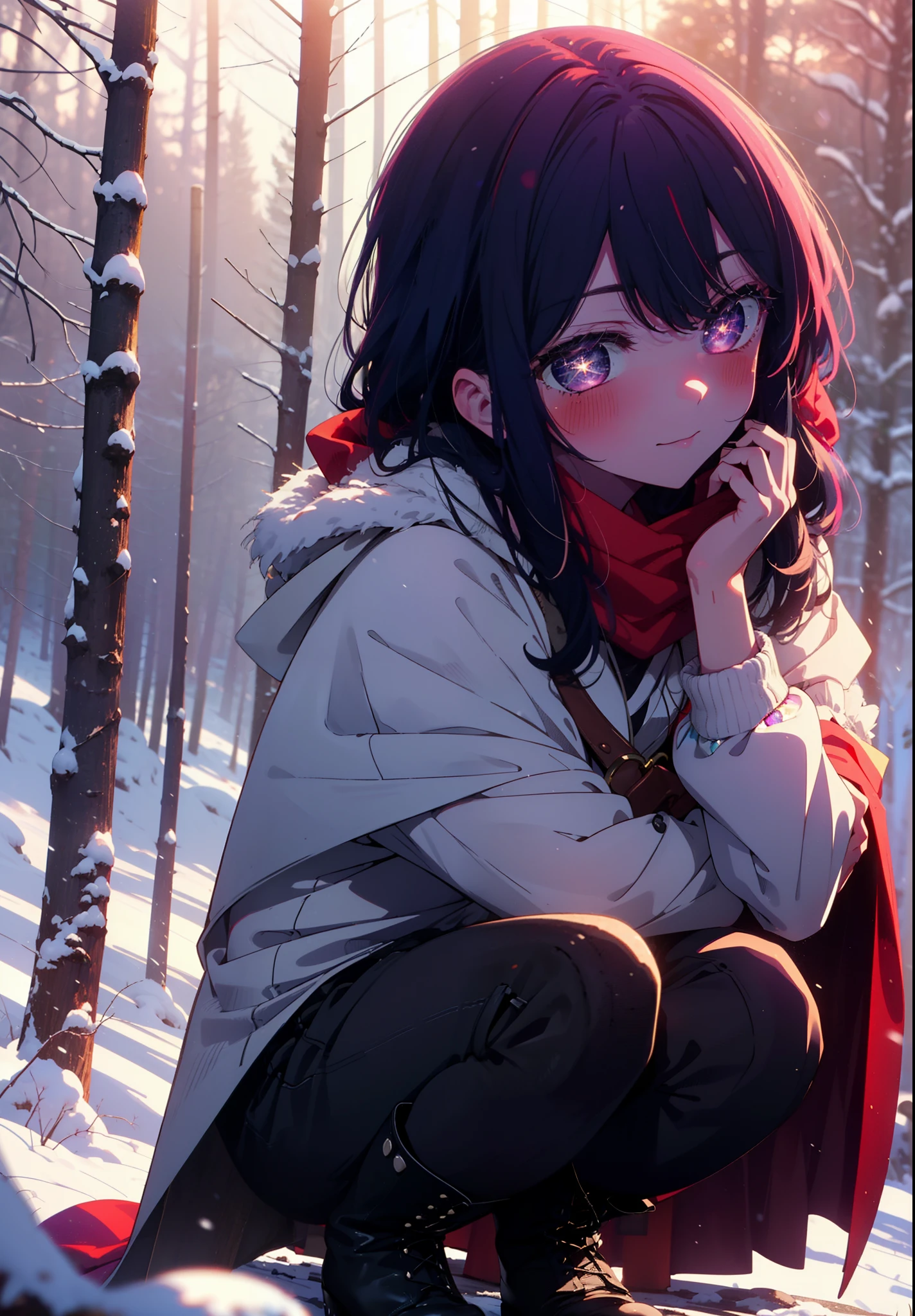 aihoshino, Ai Hoshino, Long Hair, bangs, (Purple eyes:1.1), Purple Hair, (Symbol-shaped pupil:1.5), smile,,smile,blush,White Breath,
Open your mouth,snow,Ground bonfire, Outdoor, boots, snowing, From the side, wood, suitcase, Cape, Blurred, , forest, White handbag, nature, Squat, Mouth closed, Cape, winter, Written boundary depth, Black shoes, red Cape break looking at viewer, Upper Body, whole body, break Outdoor, forest, nature, break (masterpiece:1.2), Highest quality, High resolution, unity 8k wallpaper, (shape:0.8), (Beautiful and beautiful eyes:1.6), Highly detailed face, Perfect lighting, Highly detailed CG, (Perfect hands, Perfect Anatomy),