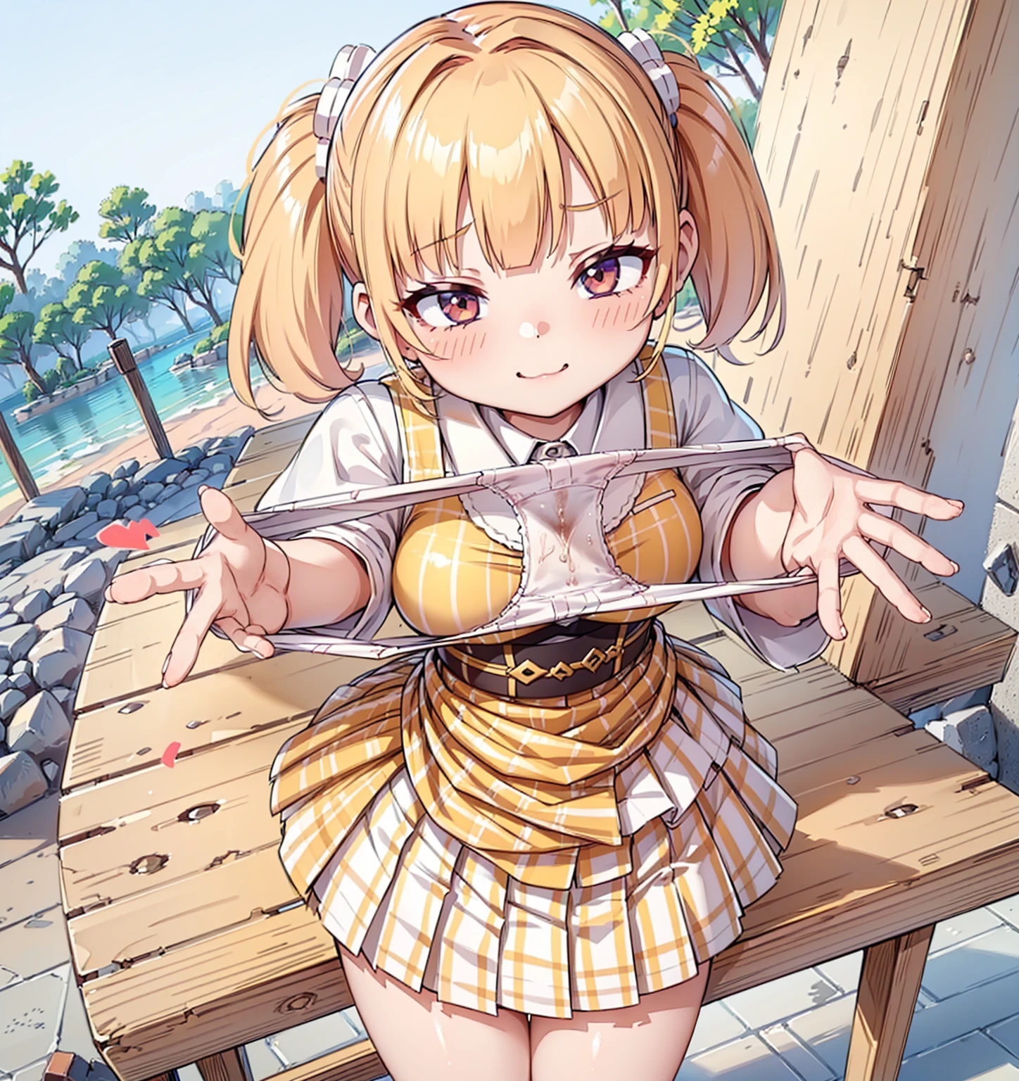 bionde, {{{Half Twin Tail:1.3}}}、shirt, blush, white shirt, hair ornaments, Manicure, Plaid skirt, Pleated skirt,
,Pay attention to the panties,
Looking down,View your audience,Panties as a gift,Tabletop, Highest quality, Perfect Skin, Detailed skin texture, Super detailed, 8K, Intricate details, Beautifully detailed face,High resolution,
Looking down at the viewer, masterpiece, (Panties are stained with pee)、(Pussy、Love Juice)、(body odor),perfect hands,(((1 girl,alone)))