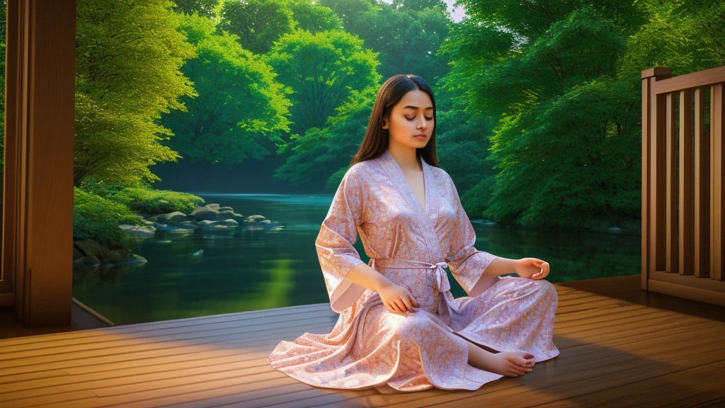 a woman meditating from behind, highly detailed image, cinematic lighting, (best quality,4k,8k,highres,masterpiece:1.2),ultra-detailed,(realistic,photorealistic,photo-realistic:1.37),HDR,UHD,studio lighting,ultra-fine painting,sharp focus,physically-based rendering,extreme detail description,professional,vivid colors,bokeh,serene,peaceful,tranquil,meditative,graceful,flowing robes,intricate patterns,soft lighting,dramatic shadows,glowing aura,nature background,lush foliage,calming colors