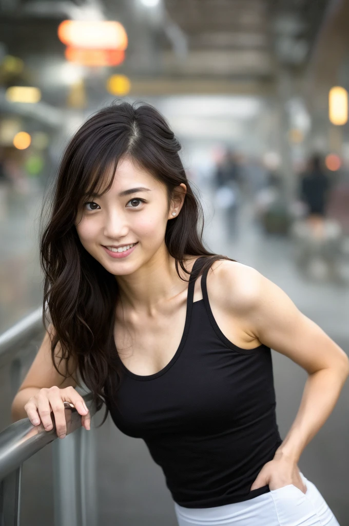 (((One girl,alone))),(Highly realistic photos, High resolution, Detailed face, Beautiful Eyes) Japanese women, 21 years old, Cute face, alone:1, Nice body, Medium chest, ,Hairstyle,  Take a photo book,Blade Runner,Tank top、Leggings、Healthy Body,smile,Thighine Fujiko