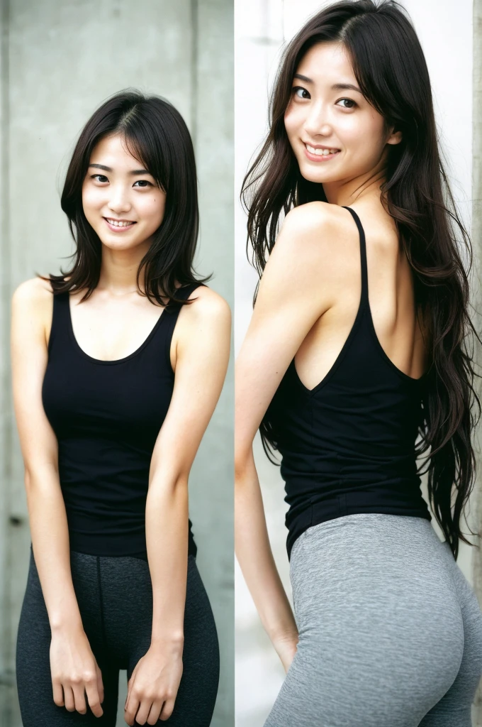 (((One girl,alone))),(Highly realistic photos, High resolution, Detailed face, Beautiful Eyes) Japanese women, 21 years old, Cute face, alone:1, Nice body, Medium chest, ,Hairstyle, Take a photo book,Blade Runner,Tank top、Leggings、Healthy Body,smile,Thighine Fujiko