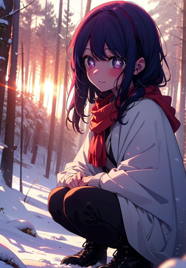 aihoshino, Ai Hoshino, Long Hair, bangs, (Purple eyes:1.1), Purple Hair, (Symbol-shaped pupil:1.5), smile,,smile,blush,White Breath,
Open your mouth,snow,Ground bonfire, Outdoor, boots, snowing, From the side, wood, suitcase, Cape, Blurred, , forest, White handbag, nature,  Squat, Mouth closed, Cape, winter, Written boundary depth, Black shoes, red Cape break looking at viewer, Upper Body, whole body, break Outdoor, forest, nature, break (masterpiece:1.2), Highest quality, High resolution, unity 8k wallpaper, (shape:0.8), (Beautiful and beautiful eyes:1.6), Highly detailed face, Perfect lighting, Highly detailed CG, (Perfect hands, Perfect Anatomy),