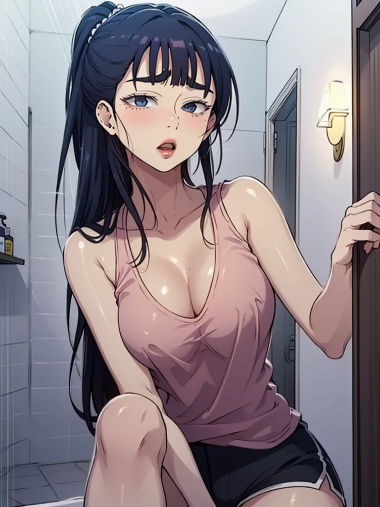 {8k image},  with intense rain，， 26-year-old girl，Raised sexy，drenched all over the body，clothes see-through:1.2,, c cup，Wet hair, woman brown wavy hair and a ponytail. torn clothes. (pink summer tank top), damaged clothes, Cleavage, exposed.  {looking directly at the viewer}, {facing forward}, {perfect anatomy}, {image focused only on the face}, {face portrait}, on knees in shower, medium sized breasts, looking up at viewer, black hair, dolfine shorts, wide hips