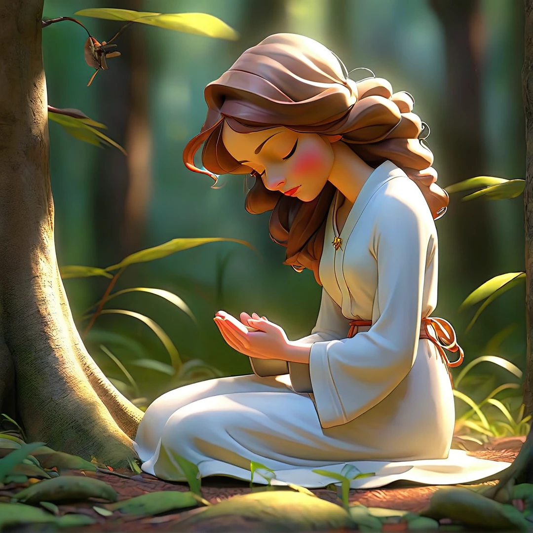 Sob a serene glass, on a peaceful day, a woman in the forest , in voracious prayer. Bible in hands, words of light, Seek the comfort that faith always translates. The shadow of the tree, shelter and refreshment, A sacred encounter, an ethereal moment. With eyes closed and heart open, Pray fervently, search for the right path. Every leaf that falls, a divine whisper, Guiding your words, showing the destination. On sacred ground, your soul surrenders, To God omnipresent, his life he extends. under the tree, symbol of life and shelter, A woman and her faith, in an old dialogue. kneeling in prayer, her strength she renews.