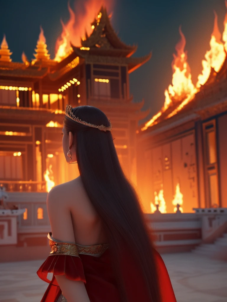 Princess with long hair in front of a burning palace From the back, high quality, 8k