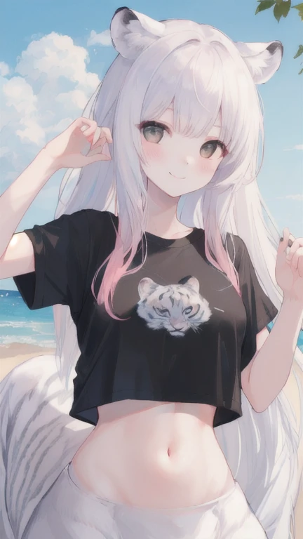 (best quality, masterpiece), 1 girl, centaur, It takes, White skin, Korean ,daughter,black pink,Smiling, exposing the abdomen, belly button t-shirt , 아름다운 소녀 Perfect wild white tiger photo, Perfect wild white tiger photo