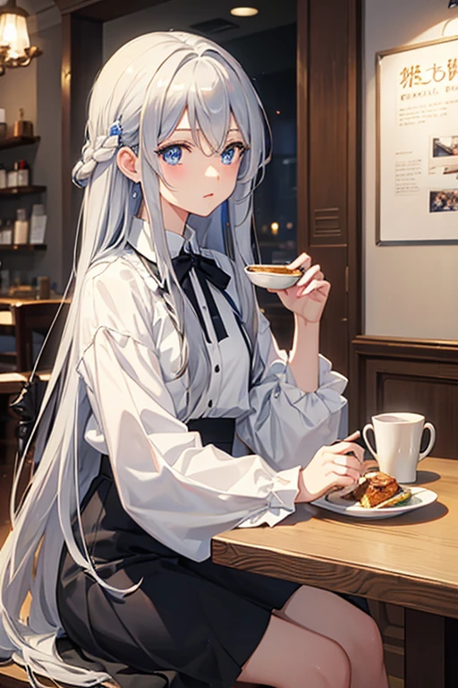 masterpiece, Highest quality, High resolution，Anime Style、Silver Hair、Long Hair、blue eyes、Cafe