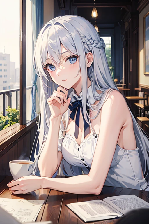 masterpiece, Highest quality, High resolution，Anime Style、Silver Hair、Long Hair、blue eyes、Cafe