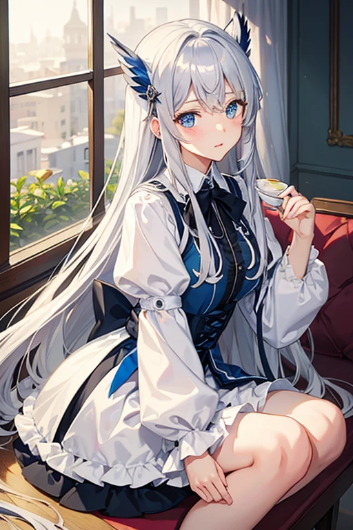 masterpiece, Highest quality, High resolution,Anime Style、Silver Hair、Long Hair、blue eyes、Cafe