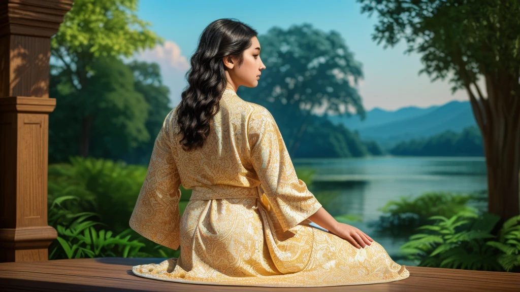 a woman meditating from behind, highly detailed image, cinematic lighting, (best quality,4k,8k,highres,masterpiece:1.2),ultra-detailed,HDR,UHD,studio lighting,ultra-fine painting,sharp focus,physically-based rendering,extreme detail description,professional,vivid colors,bokeh,serene,peaceful,tranquil,meditative,graceful,flowing robes,intricate patterns,soft lighting,dramatic shadows,glowing aura,nature background,lush foliage,calming colors