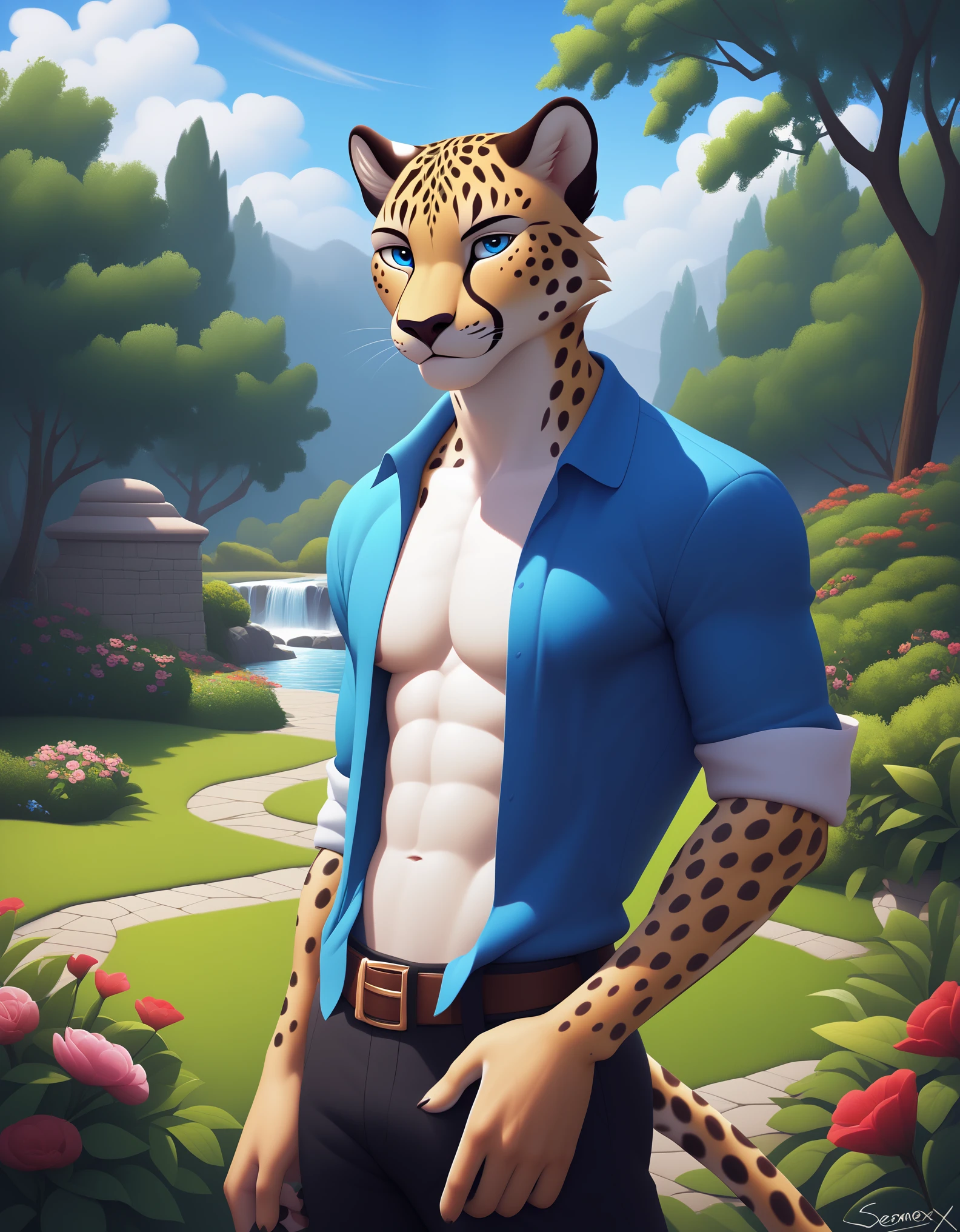 score_9, score_8_up, score_7_up, source_furry, rating_safe, by sigma_x, anthro, solo, male, wolf, white body, blue eyes, cheetah, spotted body, humanoid, outside, garden,