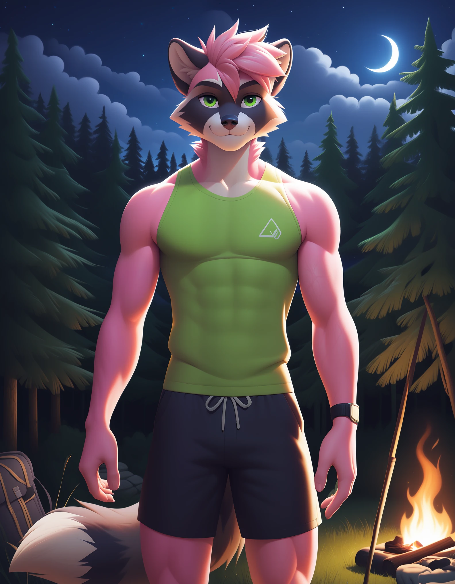 score_9, score_8_up, score_7_up, source_furry, rating_safe, by sigma_x, anthro, solo, male, raccoon, grey body, green eyes, fox, (pink body:1.2), humanoid, standing, forest, camp, night, sky,