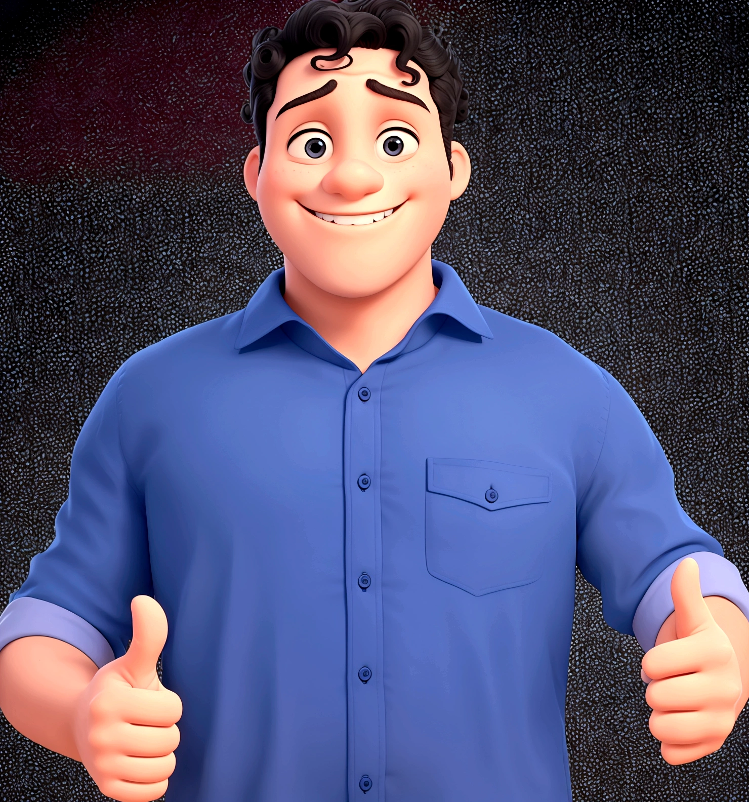 Giving a thumbs-up with both hands, shirt blue, low and curly black hair, smiling and with a finger on his left hand.