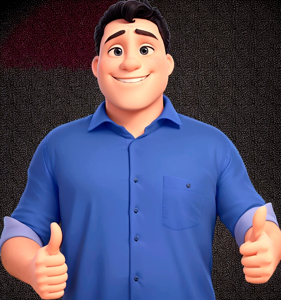 Giving a thumbs-up with both hands, shirt blue, low and curly black hair, smiling and with a finger on his left hand.