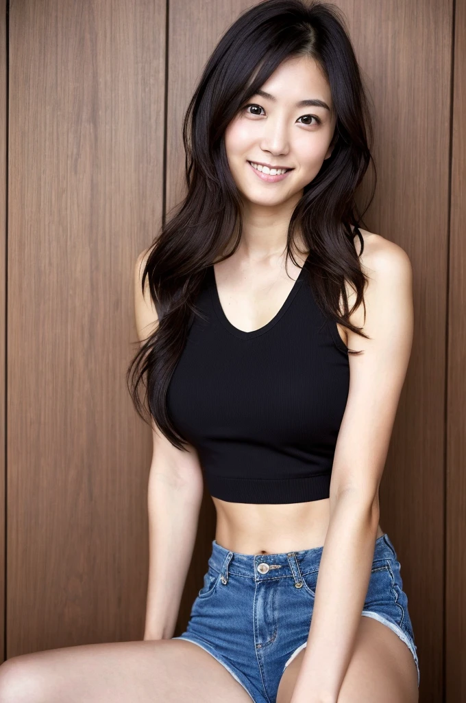 (((One girl,alone))),(Highly realistic photos, High resolution, Detailed face, Beautiful Eyes) Japanese women, 21 years old, Cute face, alone:1, Nice body, Medium chest, ,Hairstyle, Take a photo book,Dark Sky、Tank top、hot pants、Healthy Body,smile,Thighine Fujiko