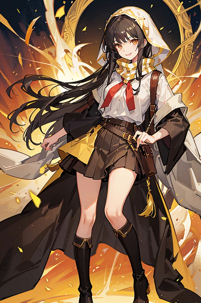 "Tall Girl, 20 years old, with long black hair down to her waist, golden eyes, and smile. She dresses in an antique style, She wears a brown skirt longer on one side than the other, large brown boots up to the knees with lots of ribbons, a backpack, a white blouse, and a hijab on her head. , She possesses golden powers and has a golden-themed background."