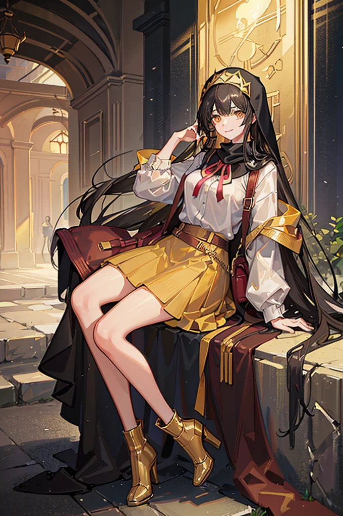 "Tall Girl, 20 years old, with long black hair down to her waist, golden eyes, and smile. She dresses in an antique style, She wears a brown skirt longer on one side than the other, large brown boots up to the knees with lots of ribbons, a backpack, a white blouse, and a hijab on her head. , She possesses golden powers and has a golden-themed background."