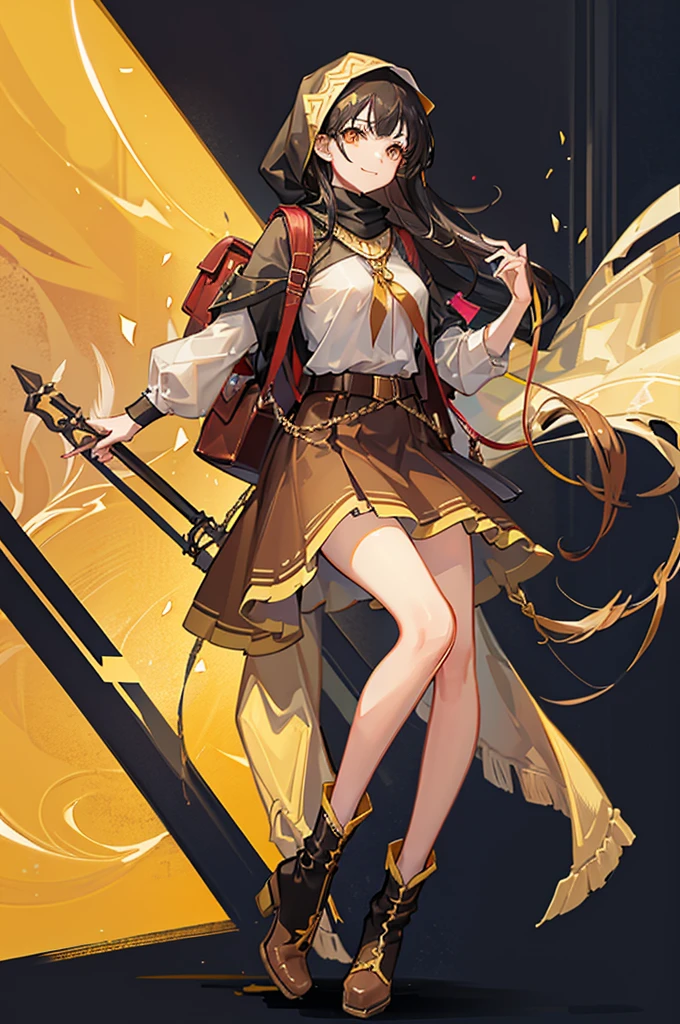 "Tall Girl, 20 years old, with long black hair down to her waist, golden eyes, and smile. She dresses in an antique style, She wears a brown skirt longer on one side than the other, large brown boots up to the knees with lots of ribbons, a backpack, a white blouse, and a hijab on her head. , She possesses golden powers and has a golden-themed background."
