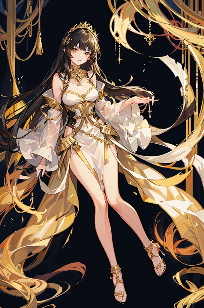 20 years old, with long black hair down to her waist, golden eyes. She wears jewelry and dresses in an antique style, donning a long white dress with golden details. She wears elegant gladiator sandals. She possesses golden powers and has a golden-themed background. 