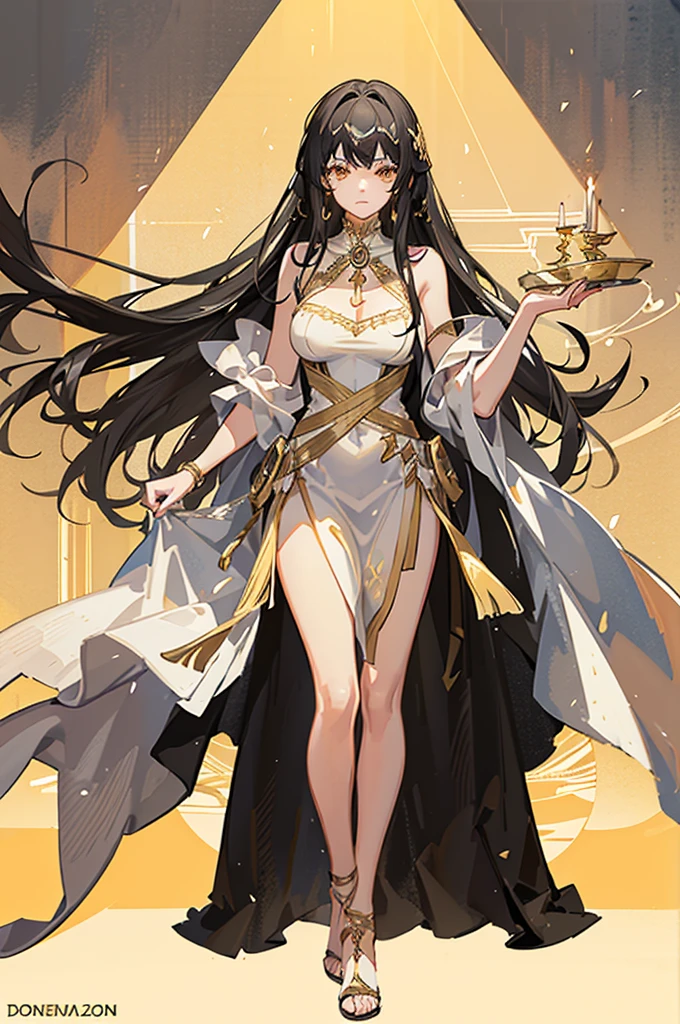 20 years old, with long black hair down to her waist, golden eyes. She wears jewelry and dresses in an antique style, donning a long white dress with golden details. She wears elegant gladiator sandals. She possesses golden powers and has a golden-themed background. 