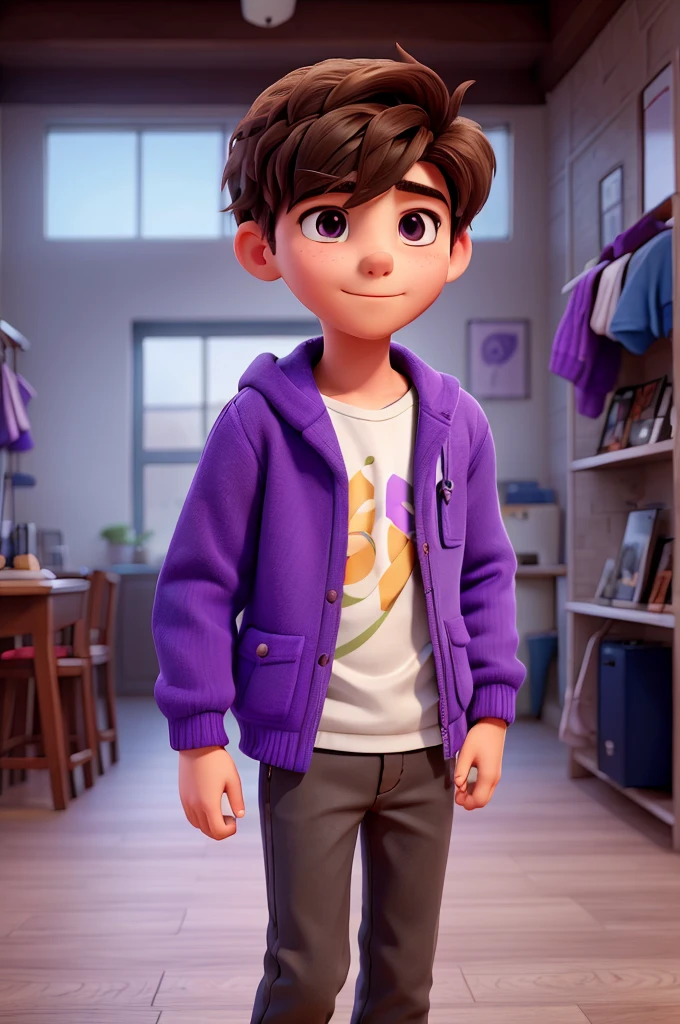create an image of a young man who likes music wearing a more social outfit, his clothes must match the color purple