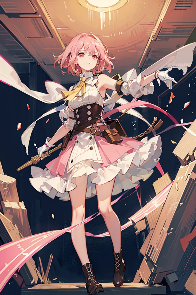 20 years old, with short pink hair just below the shoulders, pale pink eyes, and an expression that is serious yet happy. She dresses in an antique style, wearing a long light brown skirt, a sleeveless white blouse with a vertical red line down the center on the buttons, brown gloves, and high boots with many straps. Her weapons are hundreds of needles connected by thread.