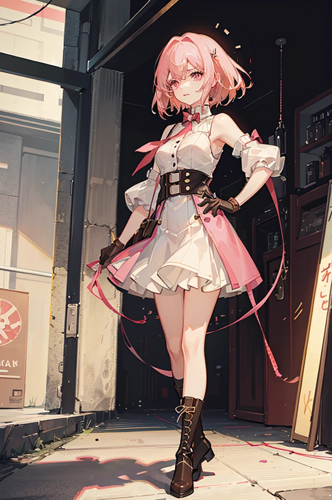 20 years old, with short pink hair just below the shoulders, pale pink eyes, and an expression that is serious yet happy. She dresses in an antique style, wearing a long light brown skirt, a sleeveless white blouse with a vertical red line down the center on the buttons, brown gloves, and high boots with many straps. Her weapons are hundreds of needles connected by thread.