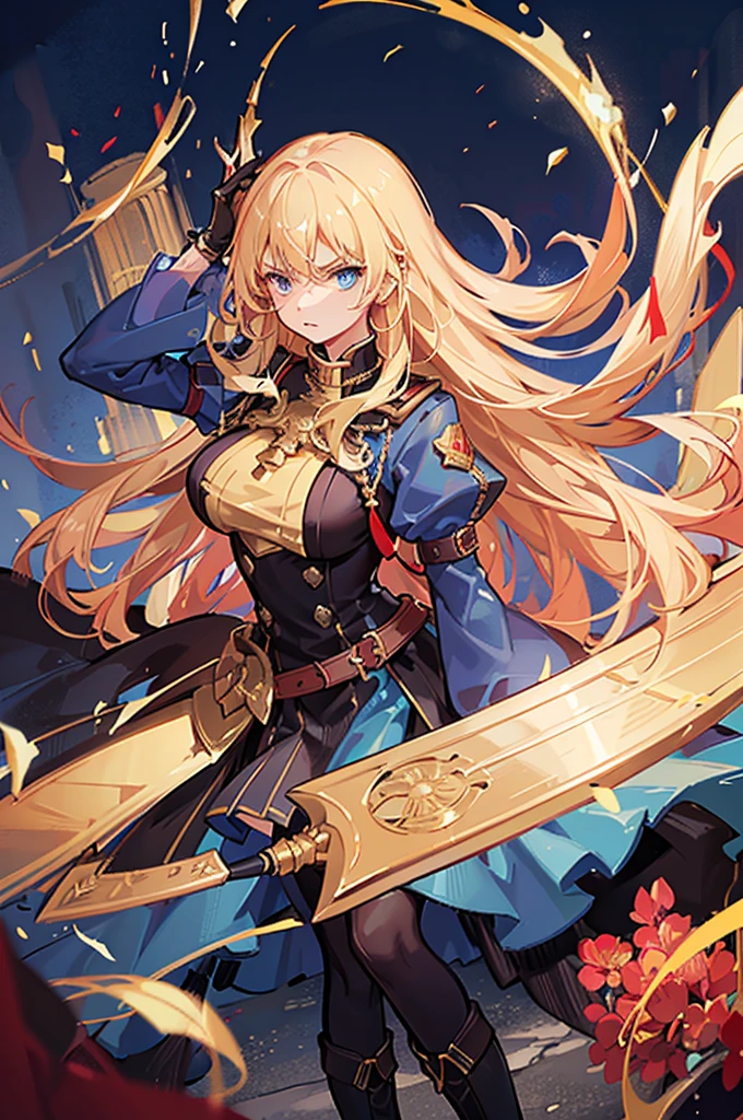 20-year-old girl, long blonde hair, blue eyes, angry expression, long dark blue skirt with gold embroidery at the hem, old-fashioned blue blouse with long fitted sleeves, adorned with red details, red leather gloves that reach her elbows, dark brown leather boots that reach mid-calf, leather belt adorned with a golden buckle and red details, her weapon is a huge greatsword with a gold and red decorated handle, hanging on her back in an ornate sheath.