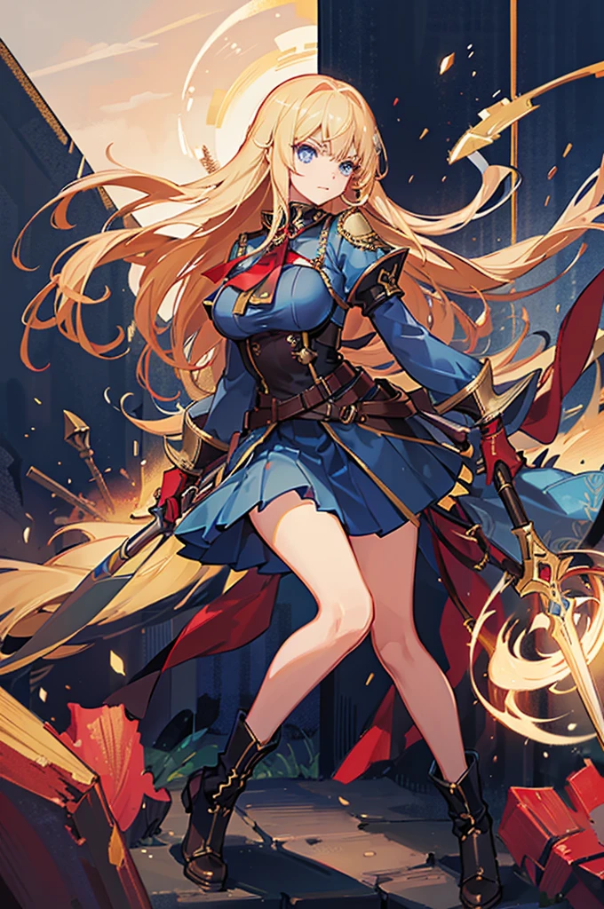 20-year-old girl, long blonde hair, blue eyes, angry expression, long dark blue skirt with gold embroidery at the hem, old-fashioned blue blouse with long fitted sleeves, adorned with red details, red leather gloves that reach her elbows, dark brown leather boots that reach mid-calf, leather belt adorned with a golden buckle and red details, her weapon is a huge greatsword with a gold and red decorated handle, hanging on her back in an ornate sheath.