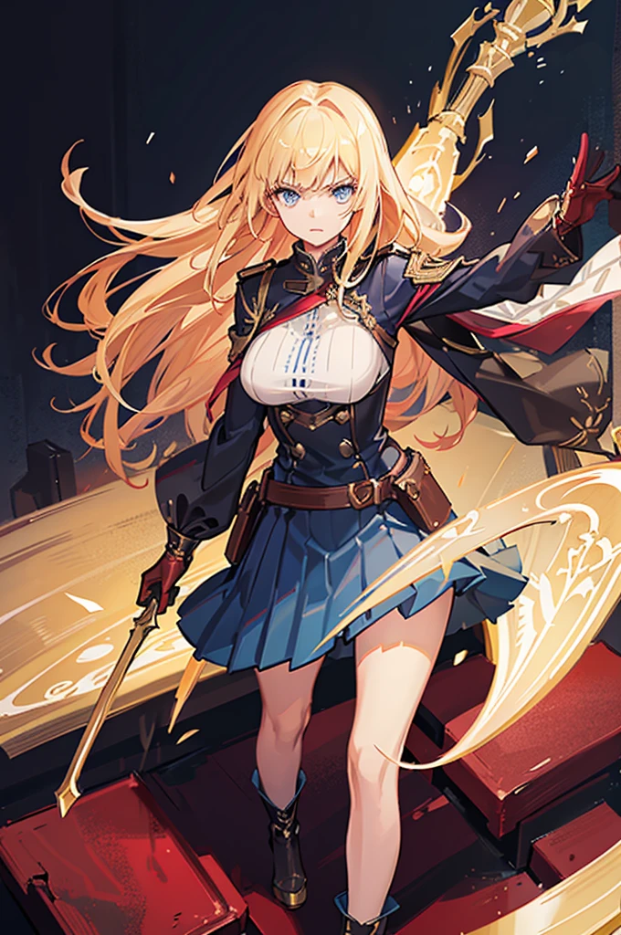 20-year-old girl, long blonde hair, blue eyes, angry expression, long dark blue skirt with gold embroidery at the hem, old-fashioned blue blouse with long fitted sleeves, adorned with red details, red leather gloves that reach her elbows, dark brown leather boots that reach mid-calf, leather belt adorned with a golden buckle and red details, her weapon is a huge greatsword with a gold and red decorated handle, hanging on her back in an ornate sheath.