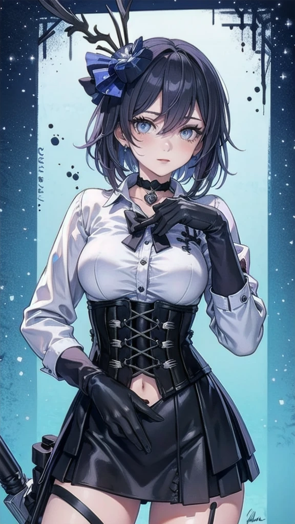 ((blood droplets)), ((blood)), ((blood splatter)), ((blood on clothes)), ((blood stain)), Masterpiece, Beautiful art, professional artist, 8k, Very detailed face, Detailed clothing, detailed fabric, 1 girl, Soul Fullness \(Honkai Impact 3rd\), front view, standing, BIG BREASTS, perfectly drawn body, shy expression, pale skin, beautiful face, short dark blue hair, 4k eyes, very detailed eyes, pink cheeks, choker:1.6, (white long sleeve button down shirt with white collar), black gloves, gloves that cover hands, (holds an ax with his right hand), (black leather corset), (shiny black tight mini skirt), Sensual Lips , winter night, show details in the eyes, looking at the viewer, dark forest, Atmosphere, fog, At night