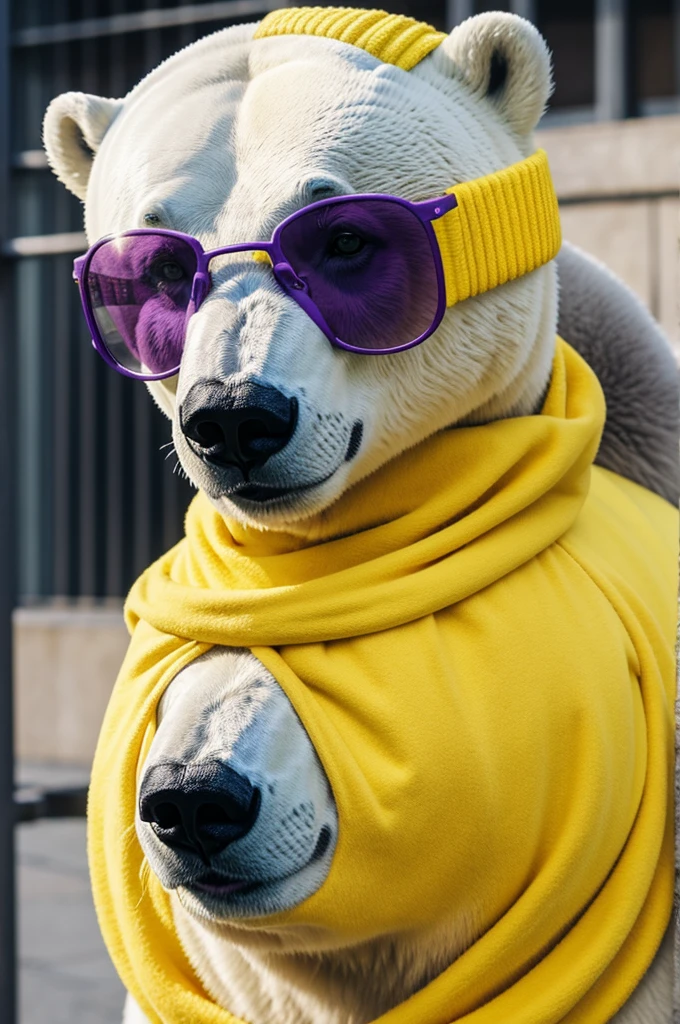 Polar bear with yellow balaclava, purple glasses, tender and with muscle wearing the shirt of the Colombian soccer team