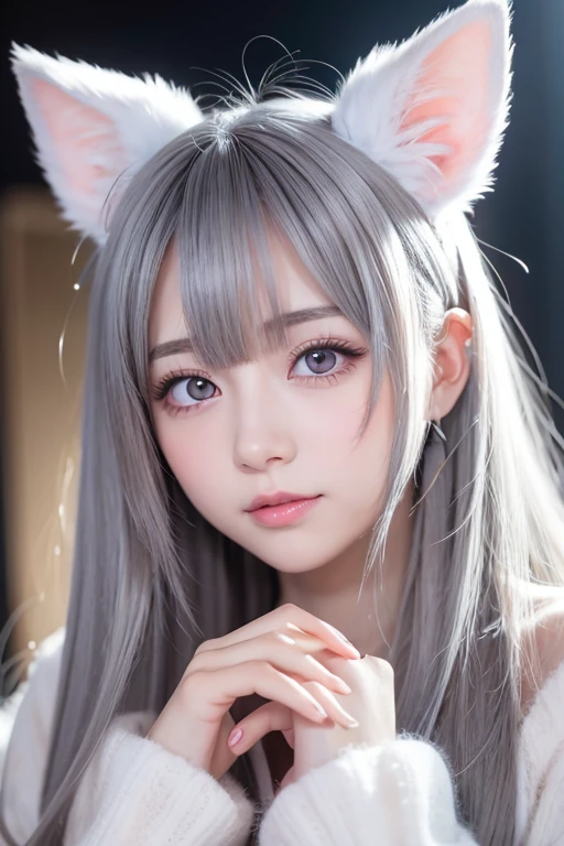 Anime girl with cat ears, Soft white fluff inside the ear, Her eyes are big、I was full of curiosity, She was excited and happy to see me., Beautiful Eyes, Gray Hair, Pink Eyes, Good art, Good picture, anime 2D, 2D, cute, Two hands with five fingers on each hand, Beautiful Hands, Good move, 4K, 8K,