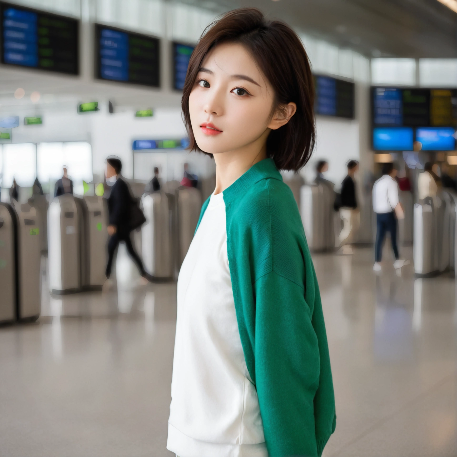 beautiful korean girl , 32 inch chest size, Your eyes are big and pretty. Short in stature. Standing in the departure hall of the airport. . short medium hair, Standing in line at the departure hall of Frankfurt Airport, Germany. He wore a white shirt, a green jumper, and white casual pants.s.Dragging a suitcase. short medium hair, short height, Full body shot with Canon camera 16-35 wide angle lens, short medium hair. expressionless, full body shot, perfect fingers, Make the airport electronic display visible, 멀리 full body shot, uhd