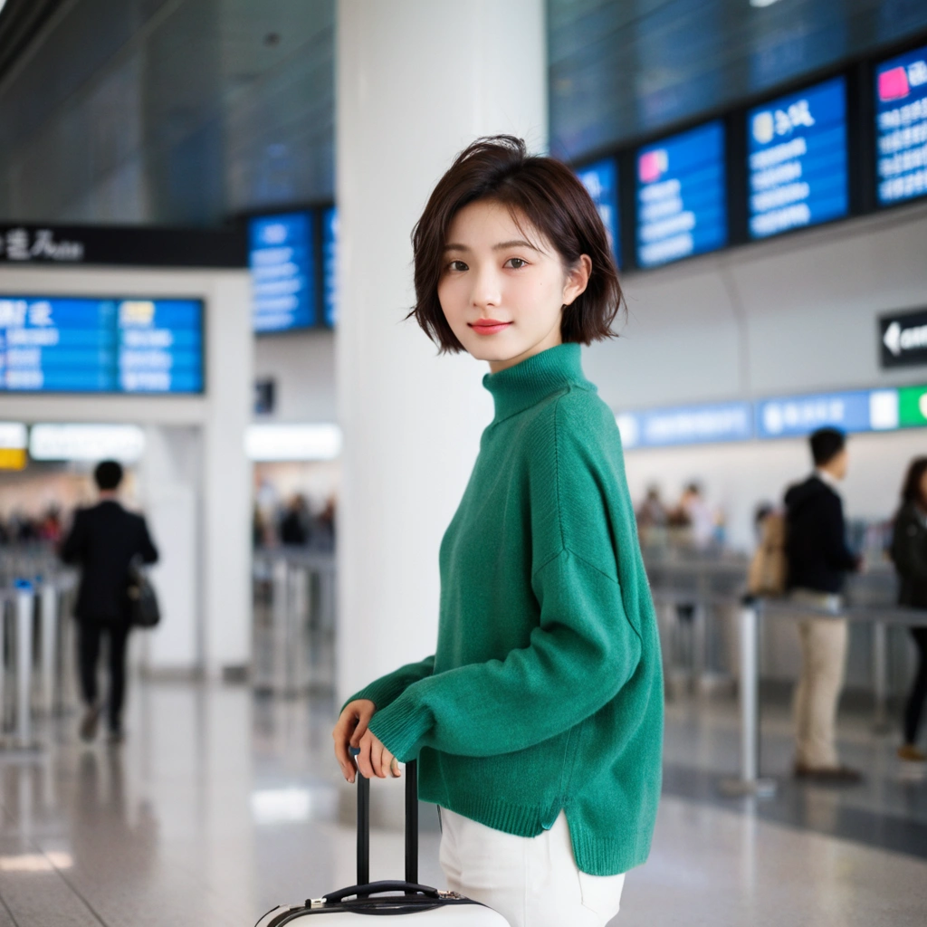 beautiful korean girl , 32 inch chest size, Your eyes are big and pretty. Short in stature. Standing in the departure hall of the airport. . short medium hair, Standing in line at the departure hall of Frankfurt Airport, Germany. He wore a white shirt, a green jumper, and white casual pants.s.Dragging a suitcase. short medium hair, short height, Full body shot with Canon camera 16-35 wide angle lens, short medium hair. expressionless, full body shot, perfect fingers, Make the airport electronic display visible, 멀리 full body shot, uhd