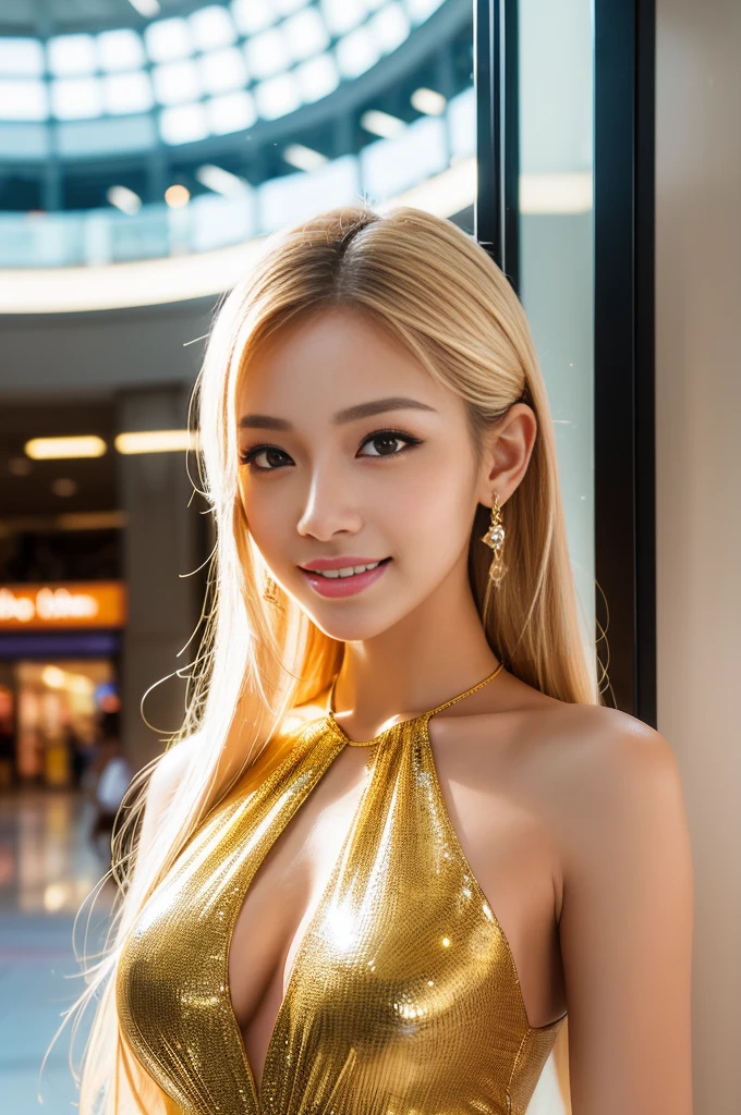 (masterpiece:1.4), (best quality:1.4), ultra high res, ultra high resolution, ((detailed facial features)), HDR, (realistic, photorealistic, photo-realistic:1.37), closeup, sexy seductive Thai woman, (seductive smile), long lashes, beautiful makeup, platinum blonde hair, fair skin, slender figure, elegant posture, wearing large sparkling colorful jewelery, wearing a business style leather dress, standing in a large shopping mall, gentle sunlight shining through the shopping mall windows, casting a soft glow on her face, adding warmth to the scene, vibrant colors, capturing the essence of vibrant city life, portrait style, showcasing her natural beauty and grace in a feminine way