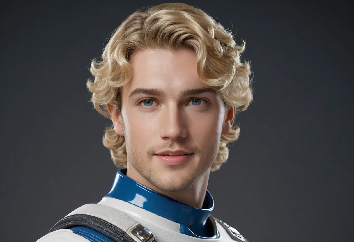 a dynamic photorealistic full-body ((character sheet)) of 25 years old RYAN DALISH, ((3 views: front view, side view, back biew)), of north american origin, caucasian male, light skin, almost a model, in white and blue spacesuit, universal boots, short blonde curly hairs, broad chin, perfect anatomies, detailed faces, detailed skins, detailed eyes and mouths, well aligned teeth, high quality, 4k resolution, photographic, hyperrealistic, dark grey vibrant background, neutral background, color graded background, more detail XL